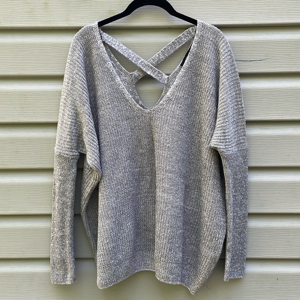 Gray V-Neck Crisscross Back Knit Sweater